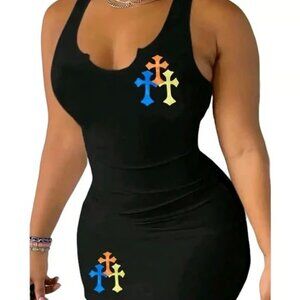 Women's Body Con Triple Cross Black Tank Stretch Dress Size Large NWT
